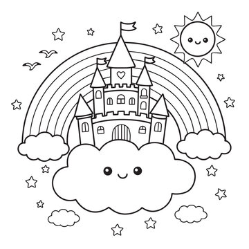 Magical Castle Floating on Cloud with Rainbow coloring page