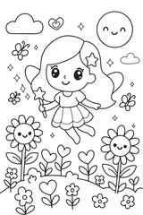 Cute Fairy Girl Flying Over Magical Flower Field coloring page