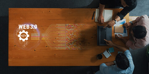 A modern workspace scene captures a diverse team collaborating on Web 3.0 technology. Focus on innovation, coding, and teamwork in a professional environment. Trope