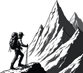 Hiker conquering mountain peak, adventure awaits