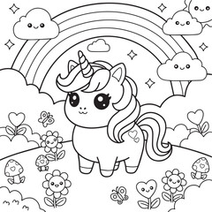 Cute Unicorn Standing Under Rainbow Sky coloring page