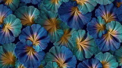 Abstract floral pattern with blue and teal flower petals on black background