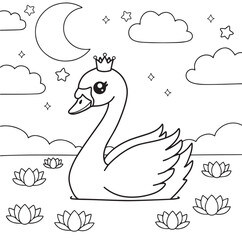 Elegant Swan Princess Floating Under Moonlight coloring page