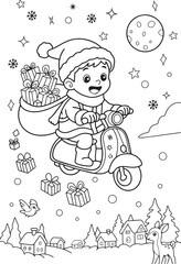 Happy Boy Delivering Christmas Gifts on Scooter coloring page