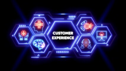 Neon Hexagon Network Customer Experience Icons on Black Background service satisfaction