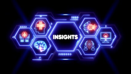 Neon Hexagon Network Insights Concept with Icons Keywords: insights, concept, technology
