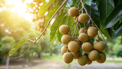A bunch of fresh longan fruits hanging on the tree with green leaves and sunlight in the garden, a tropical fruit in southeast asia