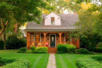 A well-maintained garden surrounds the exterior of a luxurious home with brick and siding trim. America.