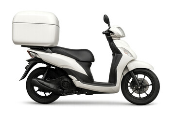 Obraz premium White delivery scooter with blank cargo box, moped side view, isolated on transparent background