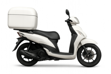 White delivery scooter with blank cargo box, moped side view, isolated on transparent background