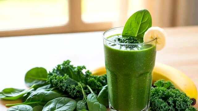 Fresh green smoothie with spinach and kale in a glass, banana on the side, sunlight in background