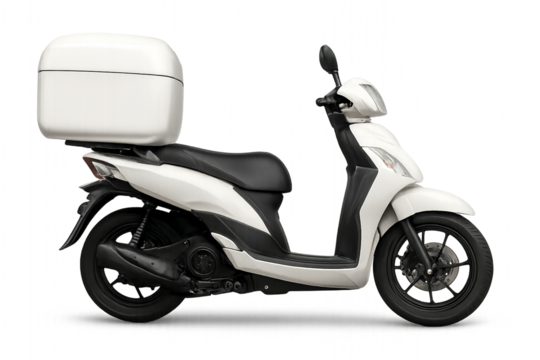 White delivery scooter with blank cargo box, moped side view, isolated on transparent background