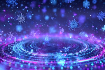 A futuristic Christmas interface with holographic snowflakes and neon stars on a circular background