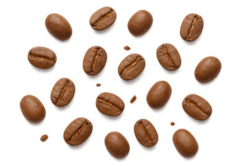 Obraz premium Roasted coffee beans, arabica variety, scattered from a top view, creating a repeating pattern. Transparent background