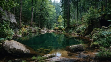 Tranquil forest pond scene reflecting lush green trees and landscape
