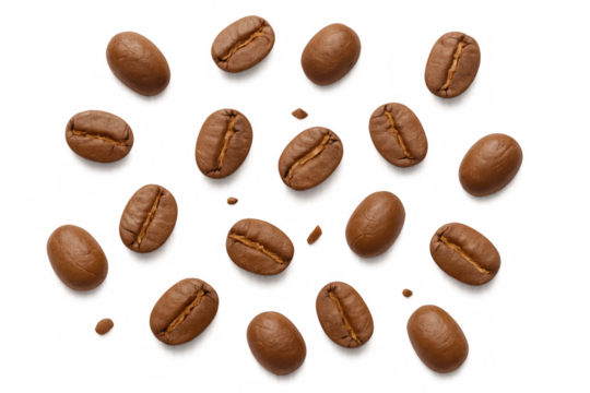 Roasted coffee beans, arabica variety, scattered from a top view, creating a repeating pattern. Transparent background
