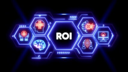 ROI concept with AI and technology icons in neon hexagons return on investment finance