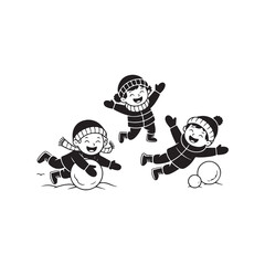 Black Color Children Playing in Snow Silhouette Vector Illustration, Solid White Background.