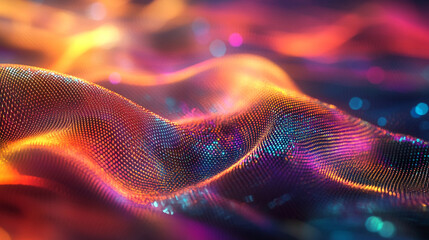 Iridescent mesh gently dissolving into a soft, luminous glow, blending metallic colors with ethereal light in a delicate, surreal composition.
