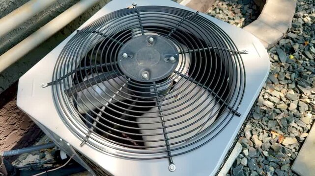 Outdoor HVAC air conditioner unit fan.iew of an outdoor air conditioning condenser unit with protective metal grille and rotating fan,