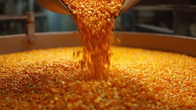 Corn grain pouring into container showing bioenergy plant development in renewable energy production process for sustainable agriculture energy use