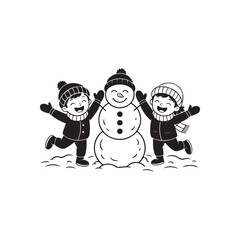 Black Color Children Playing in Snow Silhouette Vector Illustration, Solid White Background.