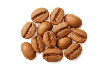 Obraz premium Roasted coffee beans scattered on transparent background, top view showing rich brown texture for hot beverage concept