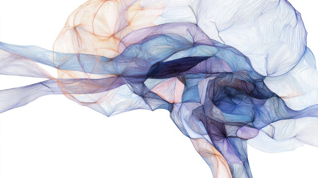 Abstract neurographic style illustration with black lines, blue and orange colors, representing human brain on white background