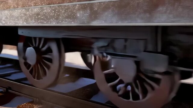 Nostalgic close up of vintage steam train wheel on railway. magical Christmas holiday journey through snowy winter mountains