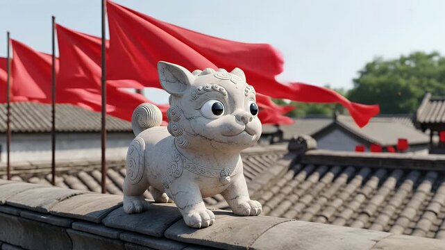 White stone lion statue on a tiled roof with red flags waving in the background