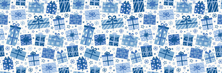 Colourful seamless pattern with presents in cartoon style. Banner. Vector illustration