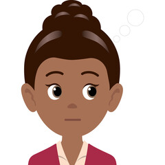 Cartoon illustration of a woman with brown hair in a bun wearing a maroon blazer with a tan shirt and a confused expression with thought bubbles above her head on a transparent background
