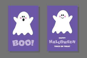 Happy Halloween. Set with greeting cards with cute ghost. Vector illustration