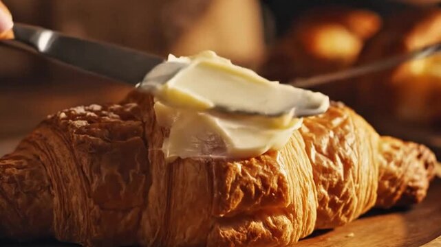 45&deg; 4K cinematic shot spreading butter on toasted croissant, warm golden light, macro Texture