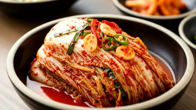 Freshly prepared kimchi in a black bowl, garnished with chili and garlic, on a wooden table