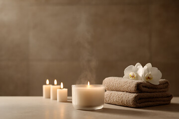 home spa retreat, tranquil home spa with candles, towels, orchids, and gentle steam, creating a luxurious ambiance