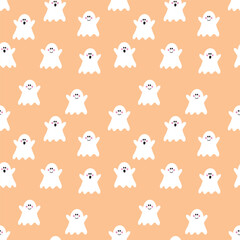 Cute Halloween background with hand drawn ghosts. Seamless pattern. Vector illustration