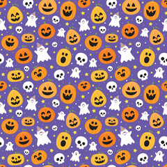 Obraz premium Halloween background with funny pumpkins, ghosts and skulls. Seamless pattern. Vector illustration