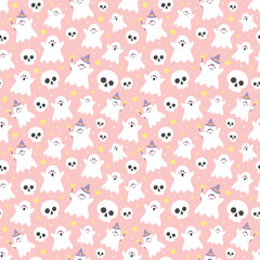 Halloween background with funny ghosts and skulls. Seamless pattern. Vector illustration