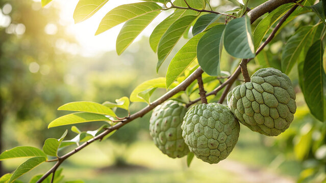 Custard apple fruit on tree branch with green leaves in garden, annona squamosa is a tropical plant, healthy and delicious, sun shining through leaves