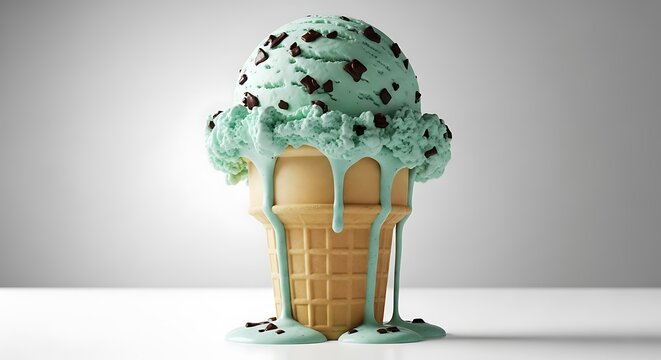 Mint Chocolate Chip Ice Cream Cone Drips on Clean Background - Powered by Adobe