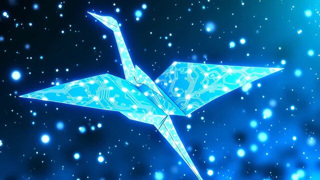 Glowing blue origami crane flying through fantasy galaxy . Symbolizing hope, peace, freedom, and future technology