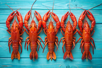 Five cooked red crawfish arranged in a row on a blue wooden surface