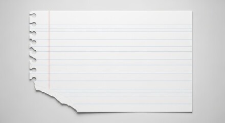 Torn sheet of lined paper with binder holes and jagged edge, isolated on a light gray background offering versatile space for design concepts