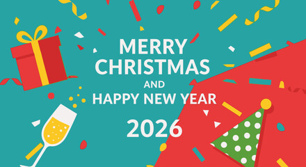 Merry Christmas and Happy New Year 2026 greeting card with gift box, champagne, and confetti.
