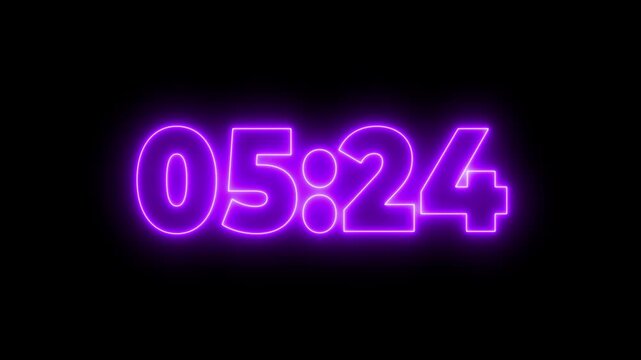 Neon 6 minutes Digital countdown 60 seconds. Five minute countdown timer animation on transparent background un black background
