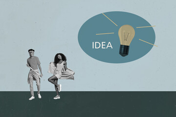 Creative full artwork pop collage of happy business partners girl guy stand light bulb idea finding progress plant teamwork invention