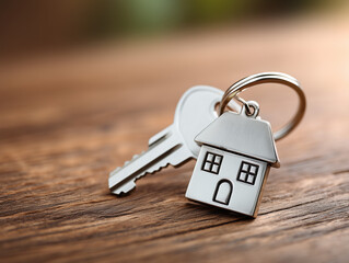 A silver key and house shaped keychain on a wooden surface in a close up studio shot with soft lighting