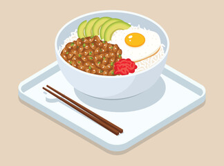 Japanese Natto Donburi with rice, fermented soybeans natto, sliced avocado, a sunny-side-up egg, and red pickled ginger, served with chopsticks
