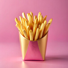 French fries in a pink and gold paper cup on a pink background, closeup